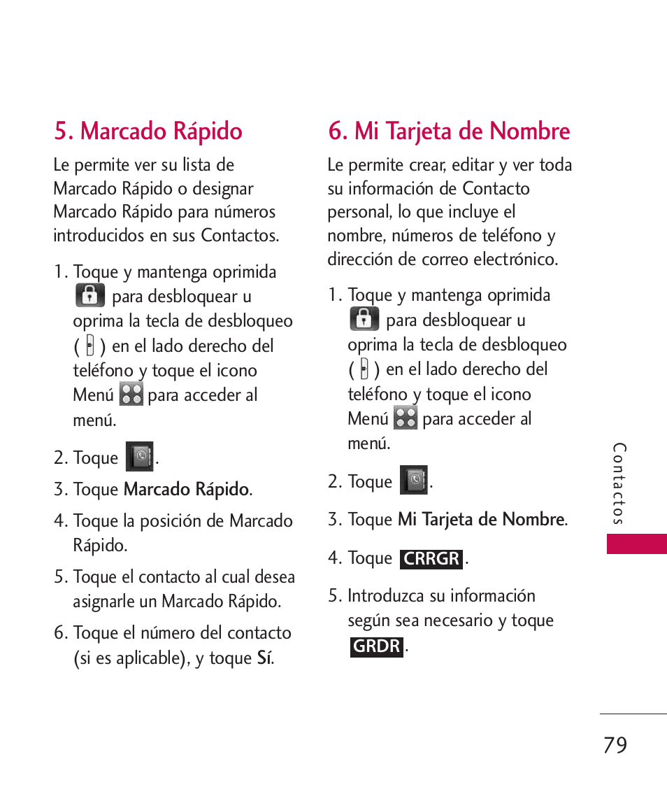 Marcado rápido, Mi tarjeta de nombre | LG LG8575 User Manual | Page 262 / 382