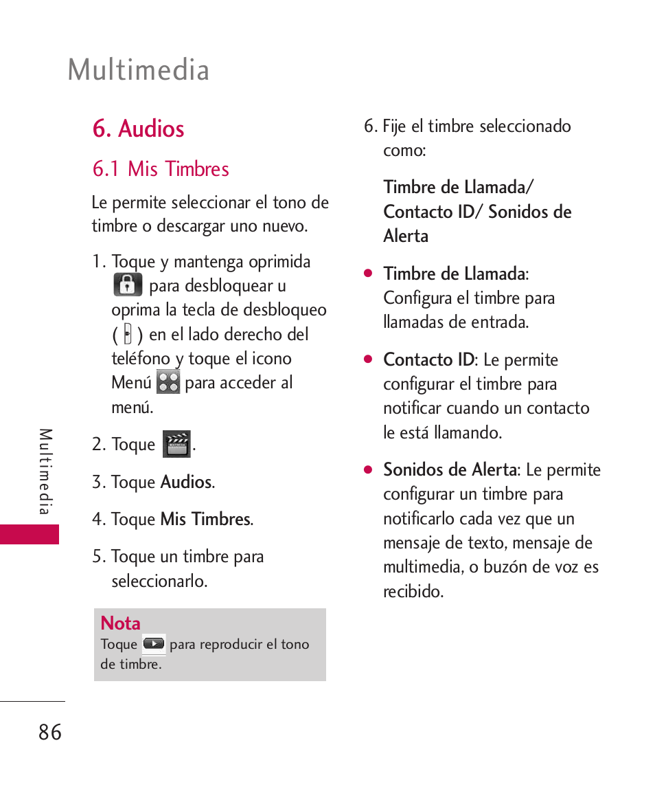 Multimedia, Audios, 1 mis timbres | LG LG8575 User Manual | Page 269 / 382