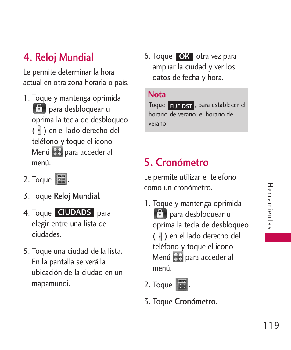Reloj mundial, Cronómetro | LG LG8575 User Manual | Page 302 / 382