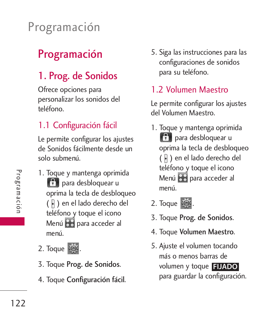 Programación, Prog. de sonidos, 1 configuración fácil | 2 volumen maestro | LG LG8575 User Manual | Page 305 / 382