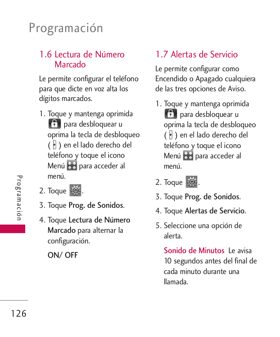 Programación, 6 lectura de número marcado, 7 alertas de servicio | LG LG8575 User Manual | Page 309 / 382