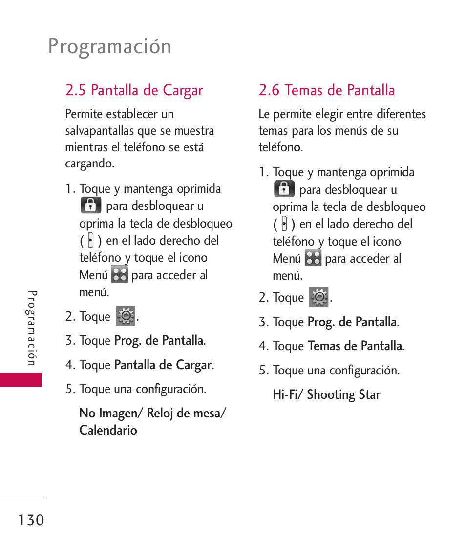 Programación, 5 pantalla de cargar, 6 temas de pantalla | LG LG8575 User Manual | Page 313 / 382