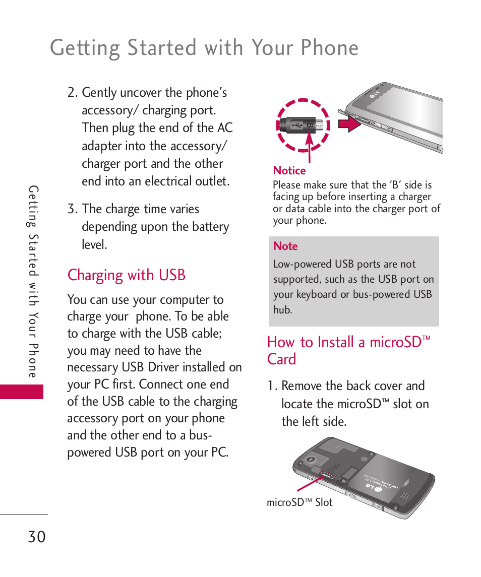 Getting started with your phone, Charging with usb, How to install a microsd | Card | LG LG8575 User Manual | Page 32 / 382