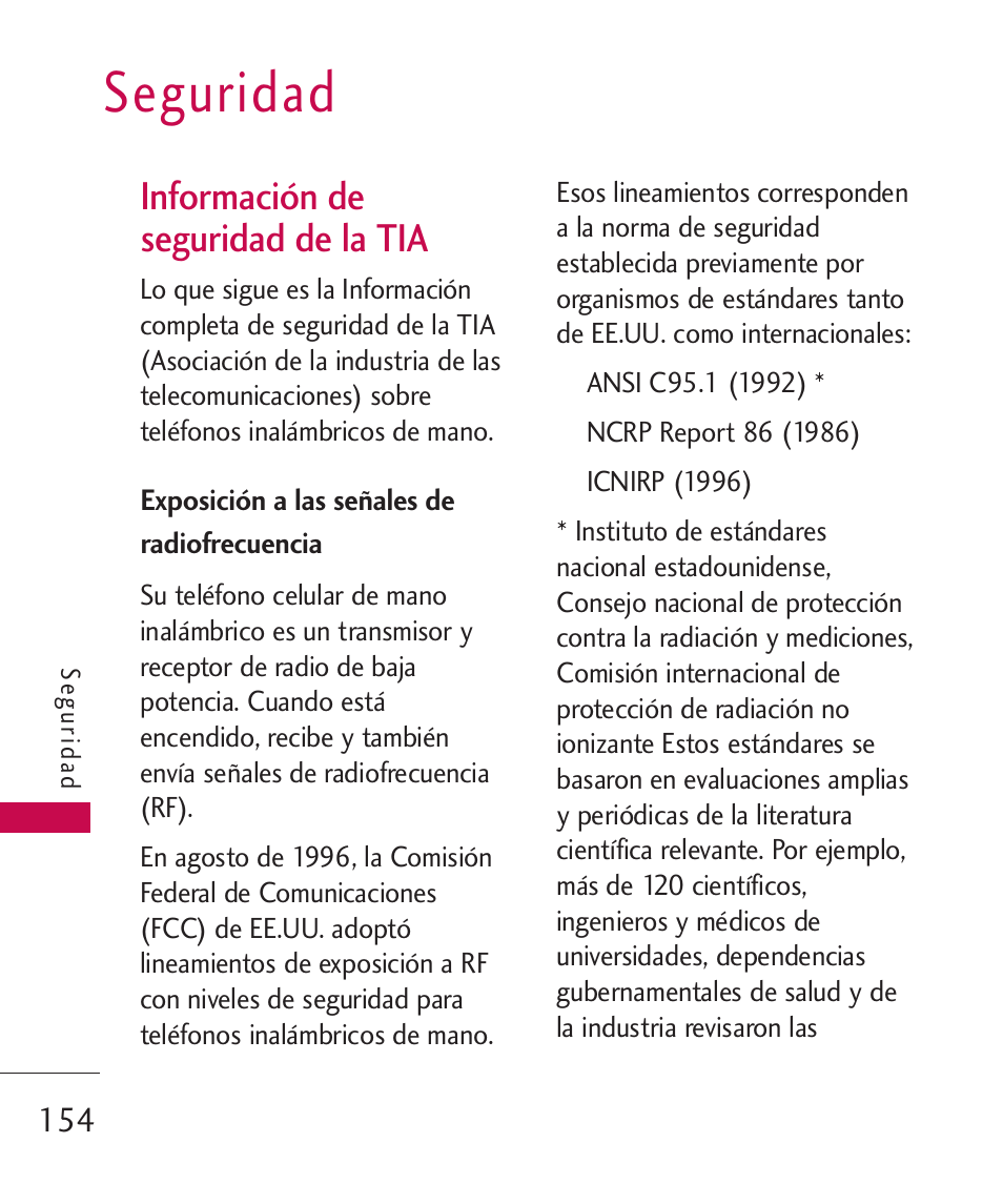 Seguridad, Información de seguridad de la tia | LG LG8575 User Manual | Page 337 / 382