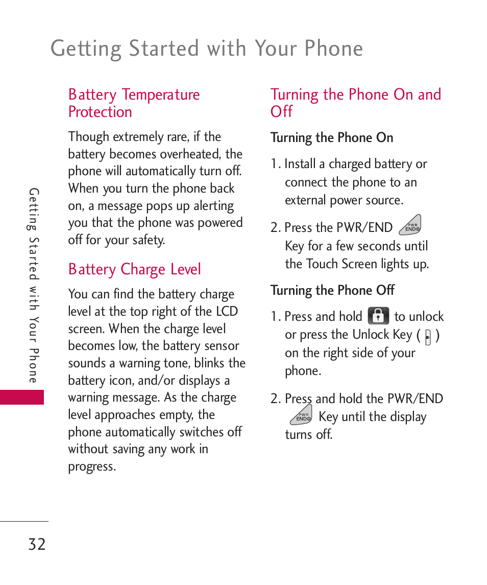 Getting started with your phone, Battery temperature protection, Battery charge level | Turning the phone on and off | LG LG8575 User Manual | Page 34 / 382