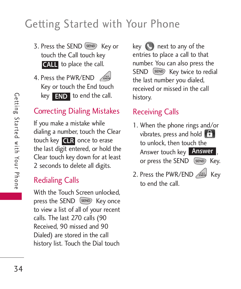 Getting started with your phone, Correcting dialing mistakes, Redialing calls | Receiving calls | LG LG8575 User Manual | Page 36 / 382