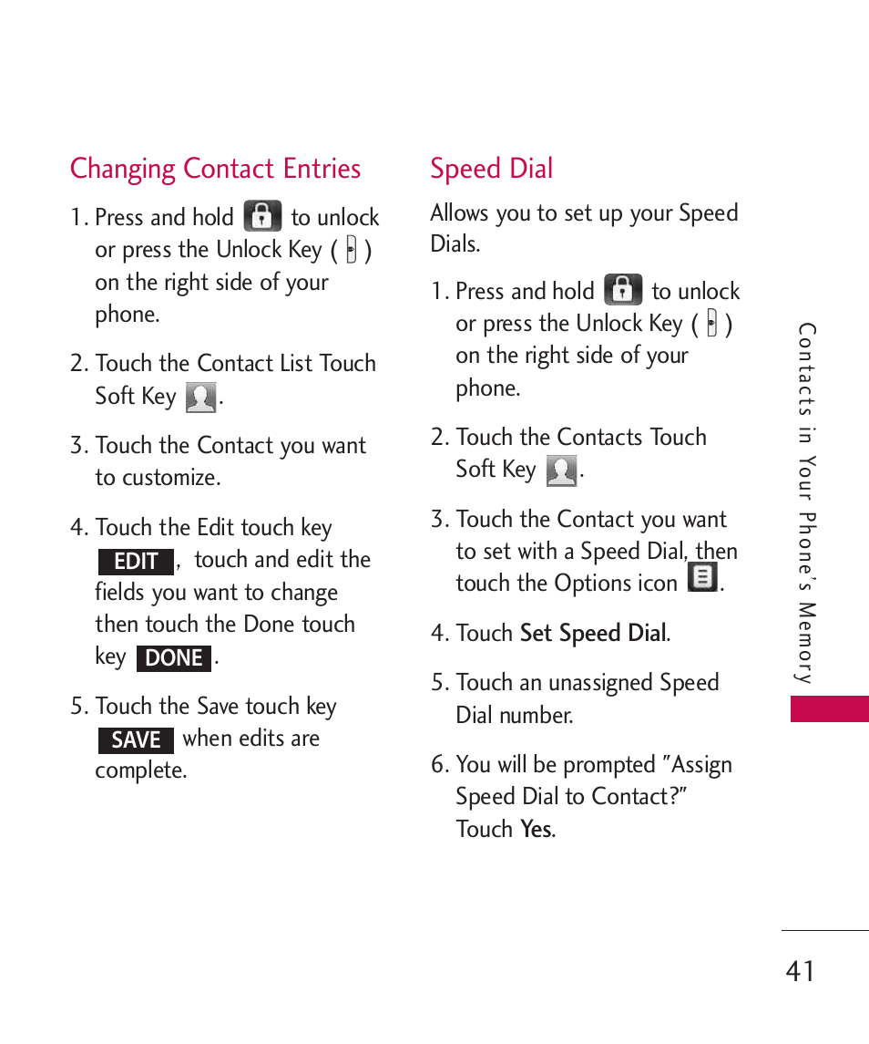 Changing contact entries, Speed dial | LG LG8575 User Manual | Page 43 / 382