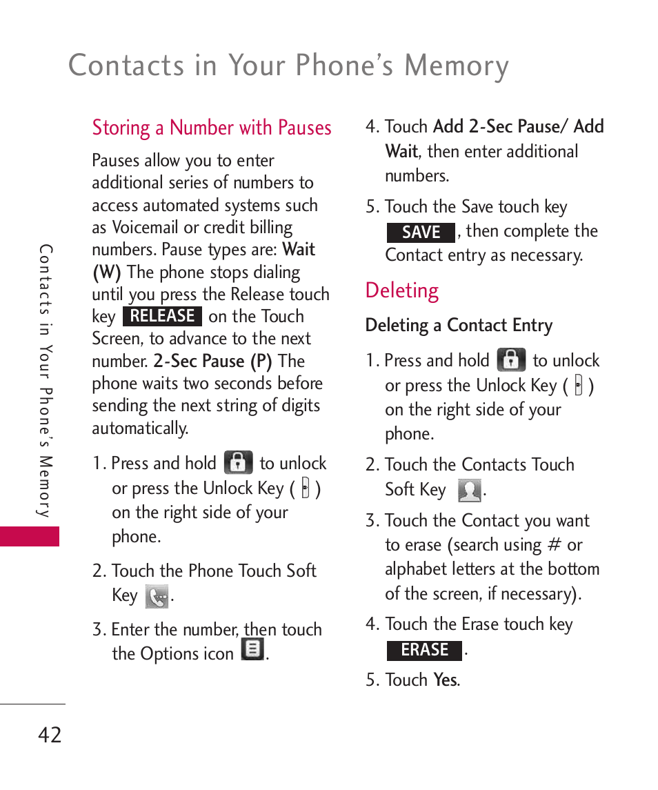 Storing a number with pauses, Deleting | LG LG8575 User Manual | Page 44 / 382
