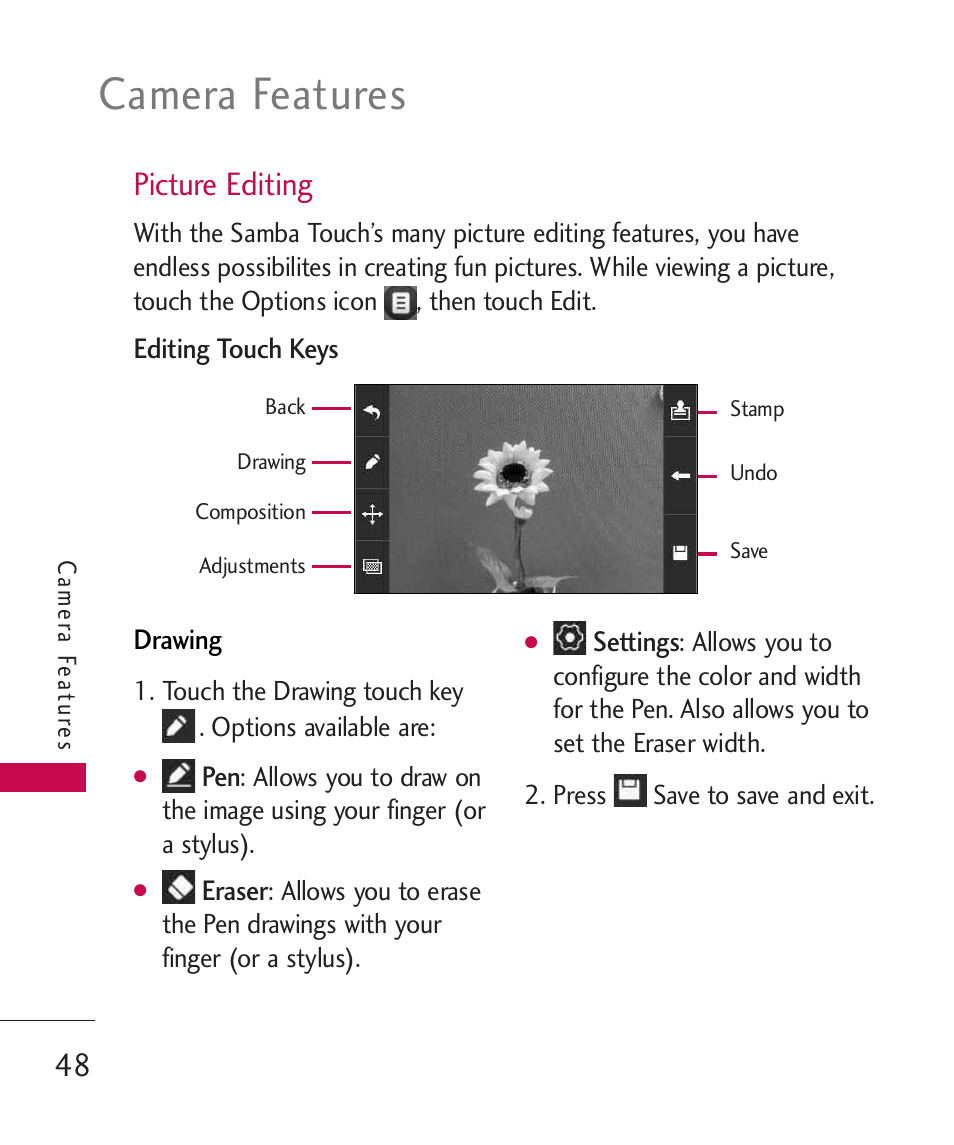 Camera features, Picture editing | LG LG8575 User Manual | Page 50 / 382