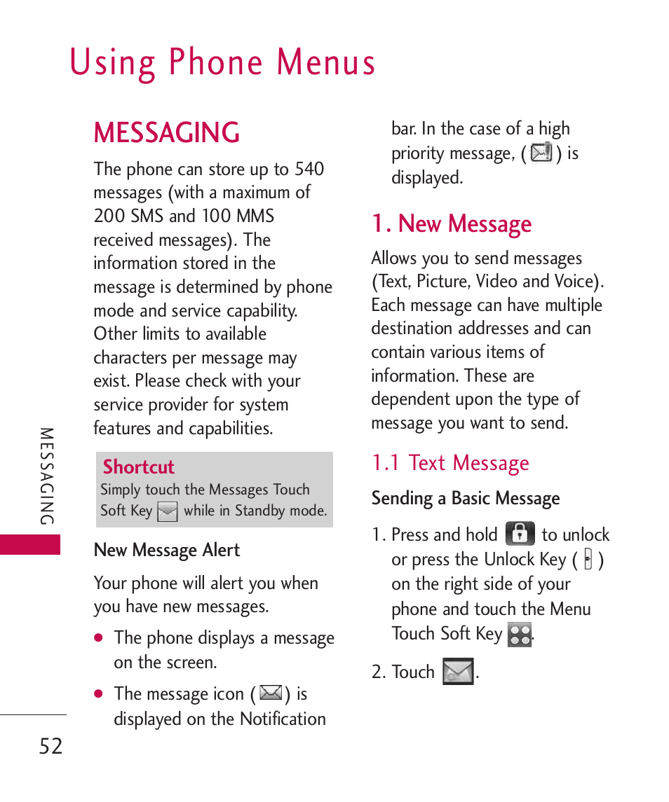 Using phone menus, Messaging, New message | 1 text message | LG LG8575 User Manual | Page 54 / 382