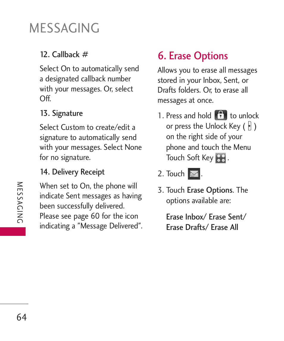 Messaging, Erase options | LG LG8575 User Manual | Page 66 / 382