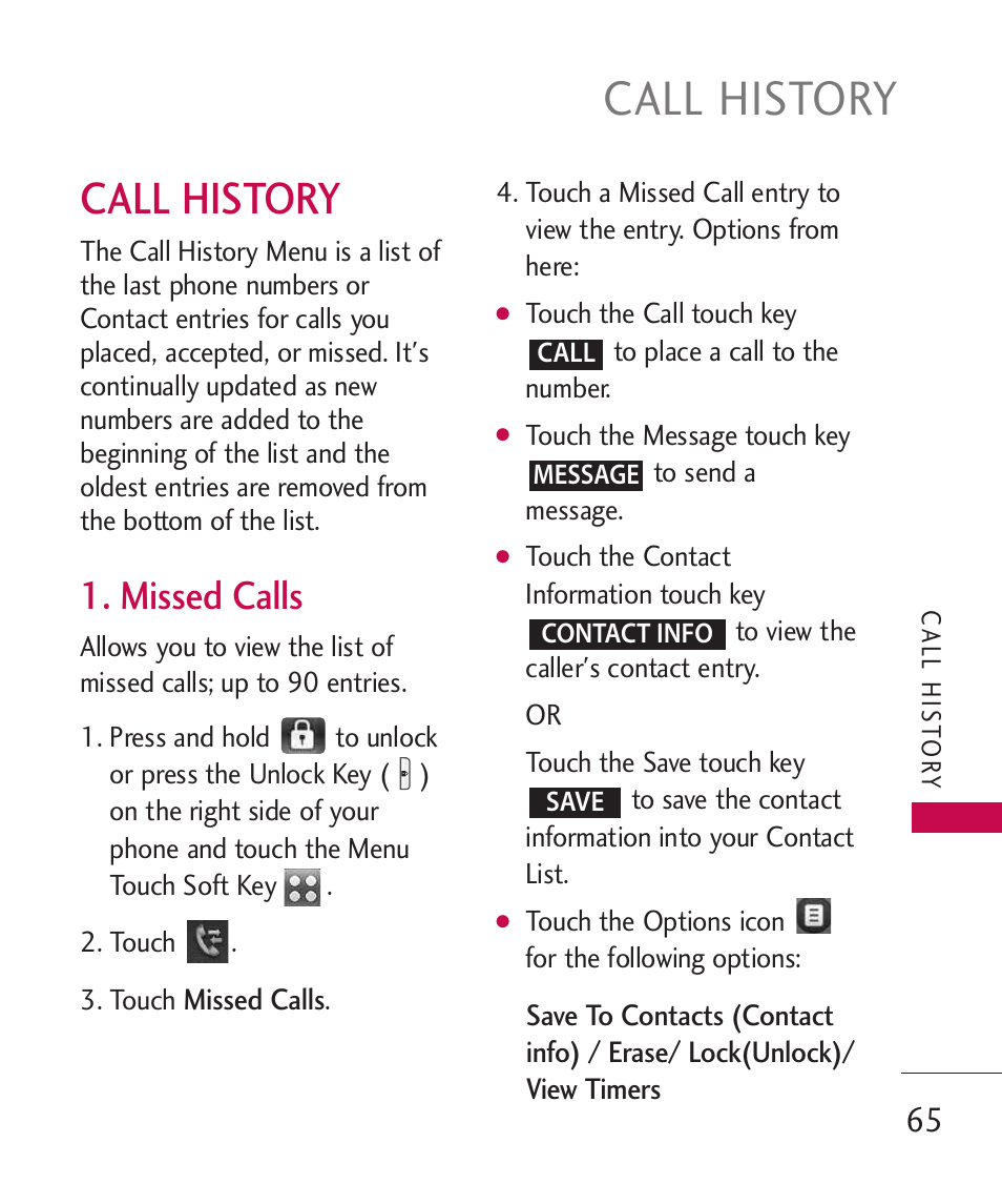Call history, Missed calls | LG LG8575 User Manual | Page 67 / 382