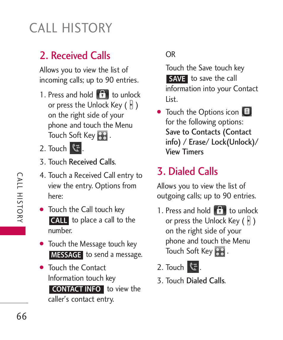 Call history, Received calls, Dialed calls | LG LG8575 User Manual | Page 68 / 382