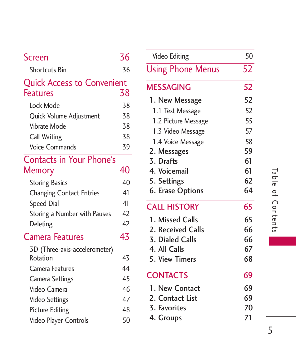 Screen 36, Quick access to convenient features 38, Camera features 43 | Using phone menus 52 | LG LG8575 User Manual | Page 7 / 382