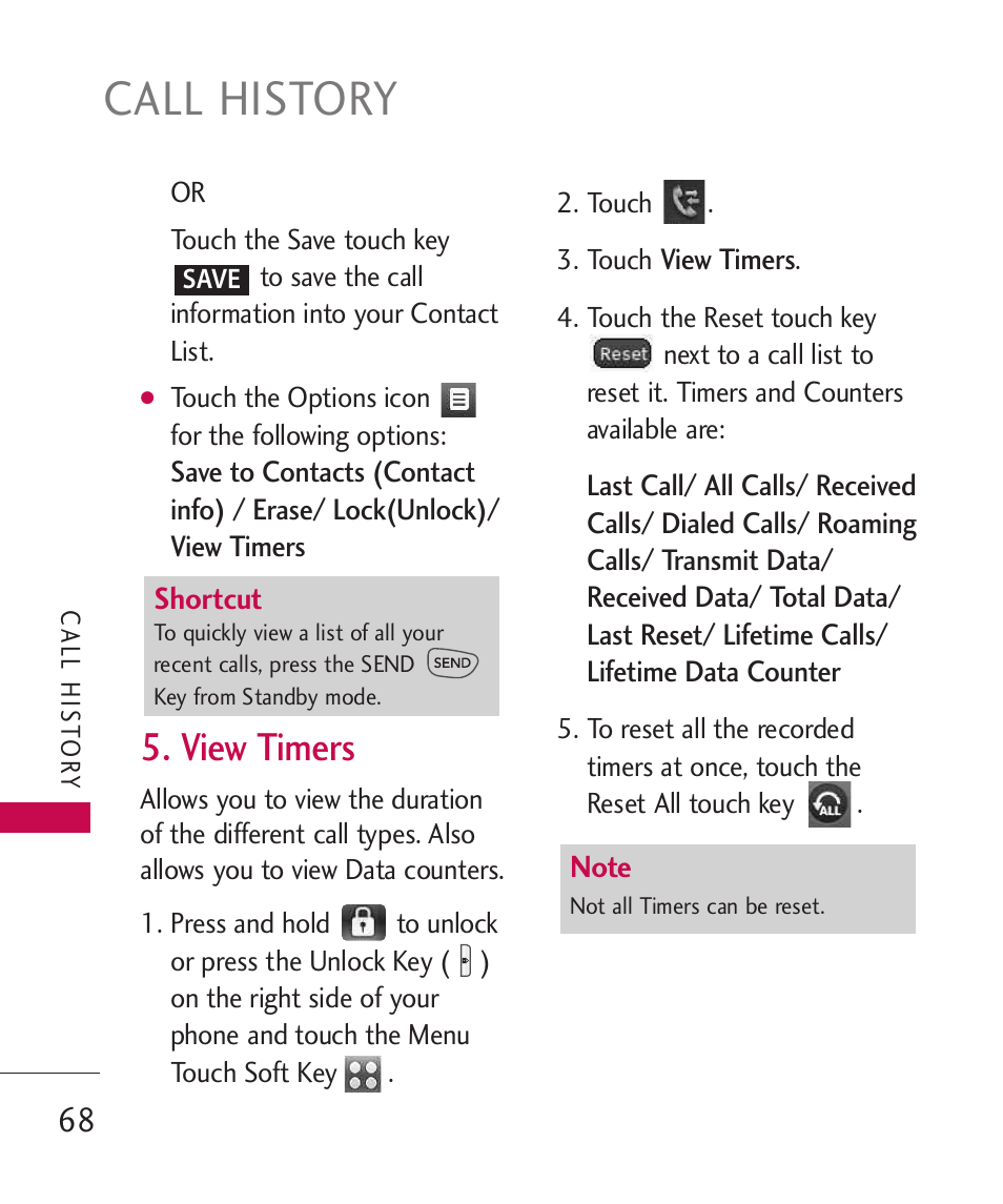 Call history, View timers | LG LG8575 User Manual | Page 70 / 382