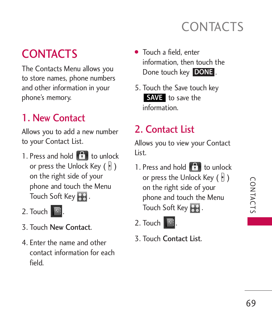 Contacts, New contact, Contact list | LG LG8575 User Manual | Page 71 / 382