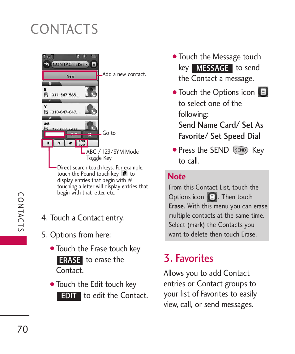 Contacts, Favorites | LG LG8575 User Manual | Page 72 / 382