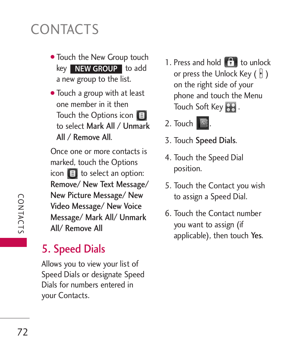 Contacts, Speed dials | LG LG8575 User Manual | Page 74 / 382