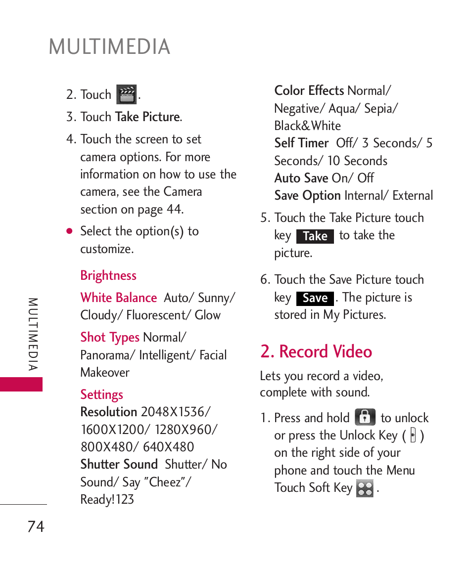 Multimedia, Record video | LG LG8575 User Manual | Page 76 / 382