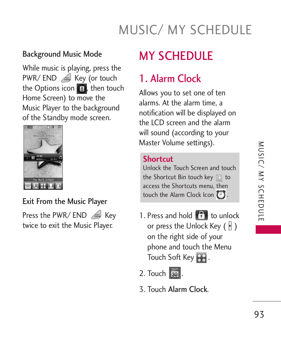 Music/ my schedule, My schedule, Alarm clock | LG LG8575 User Manual | Page 95 / 382