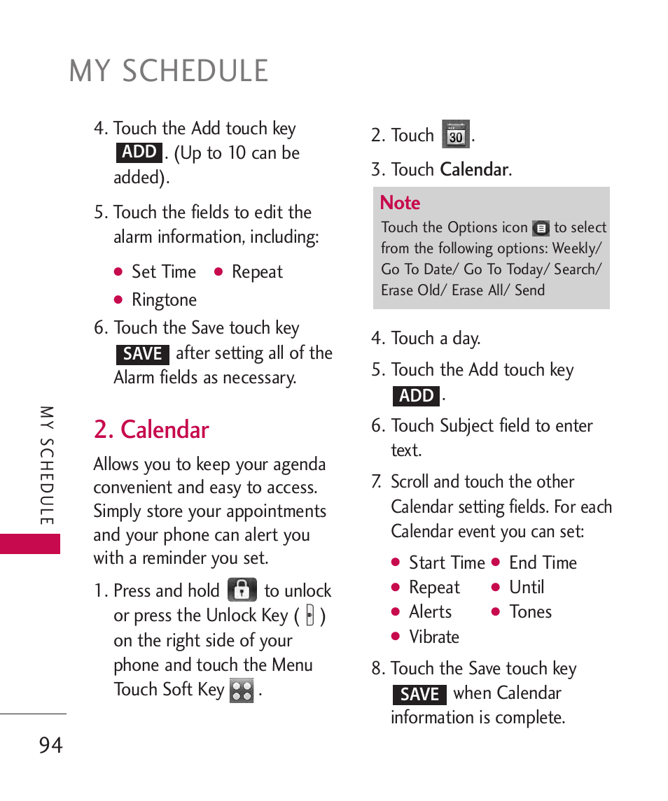 My schedule, Calendar | LG LG8575 User Manual | Page 96 / 382