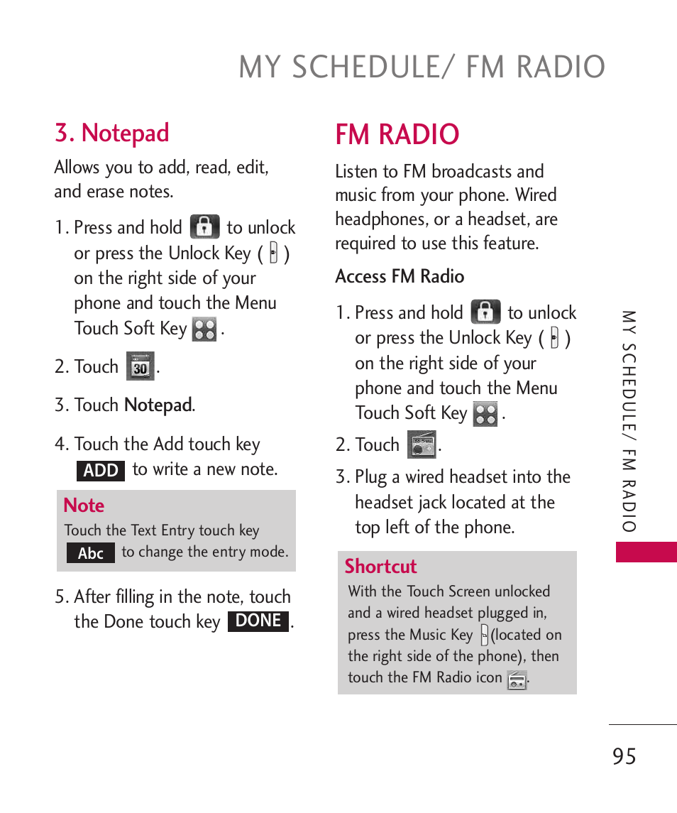 My schedule/ fm radio, Fm radio | LG LG8575 User Manual | Page 97 / 382