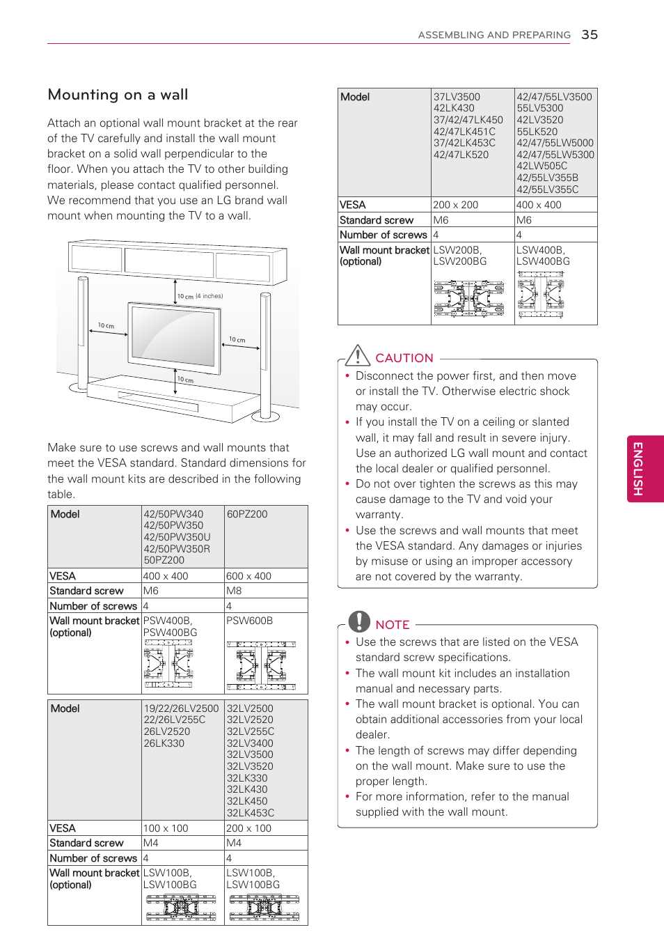 Mounting on a wall | LG 55LW5300 User Manual | Page 35 / 132