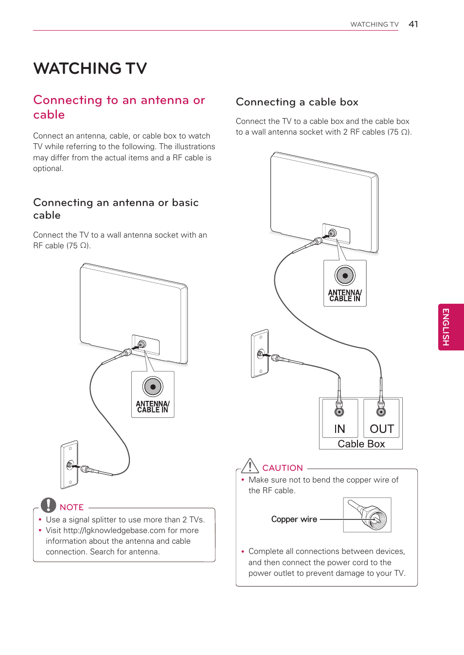 Watching tv, Connecting to an antenna or cable, Connecting an antenna or basic cable | Connecting a cable box, 41 watching tv | LG 55LW5300 User Manual | Page 41 / 132