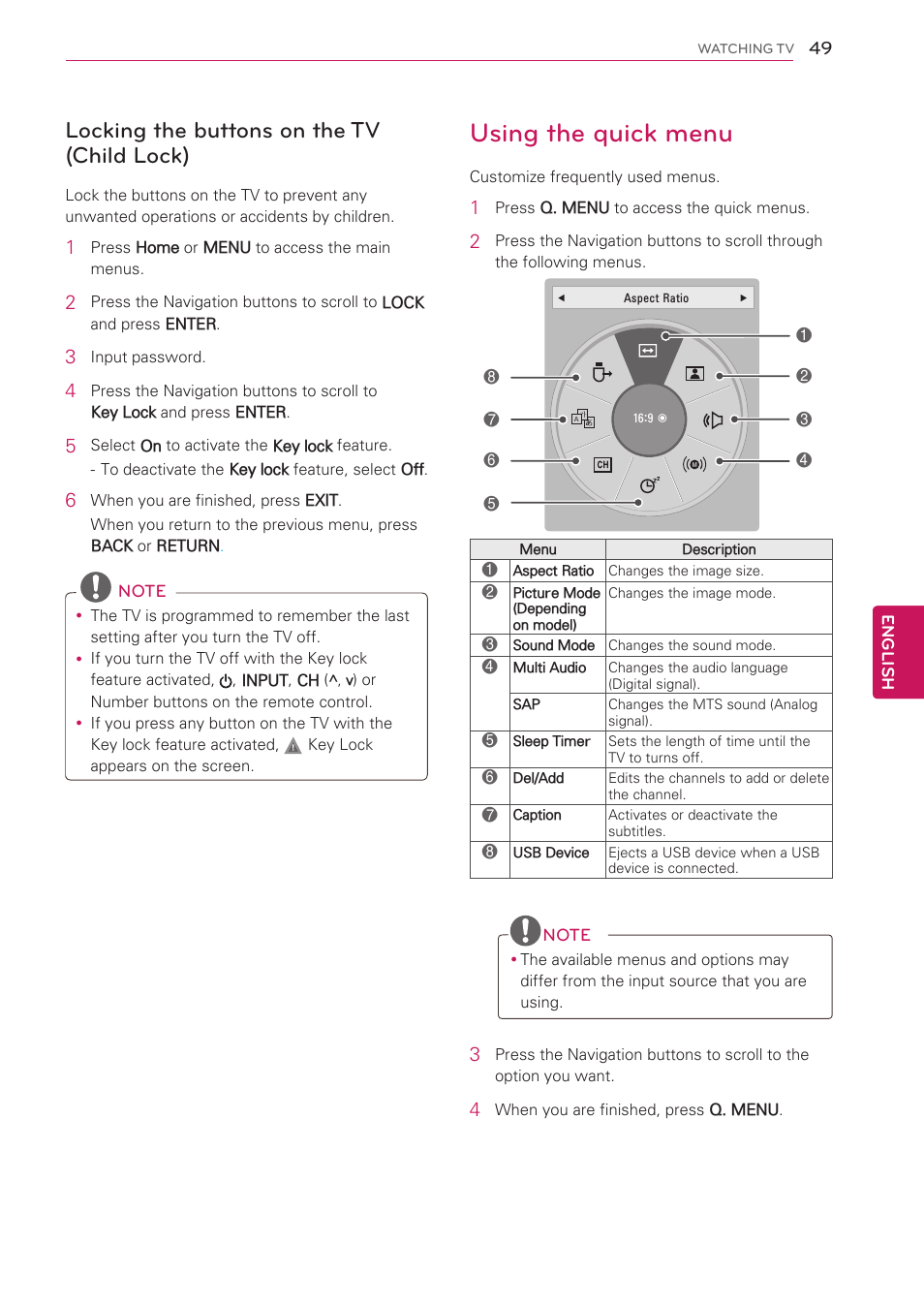 Locking the buttons on the tv (child lock), Using the quick menu, Locking the buttons on the tv (child | Lock), See p.49) | LG 55LW5300 User Manual | Page 49 / 132