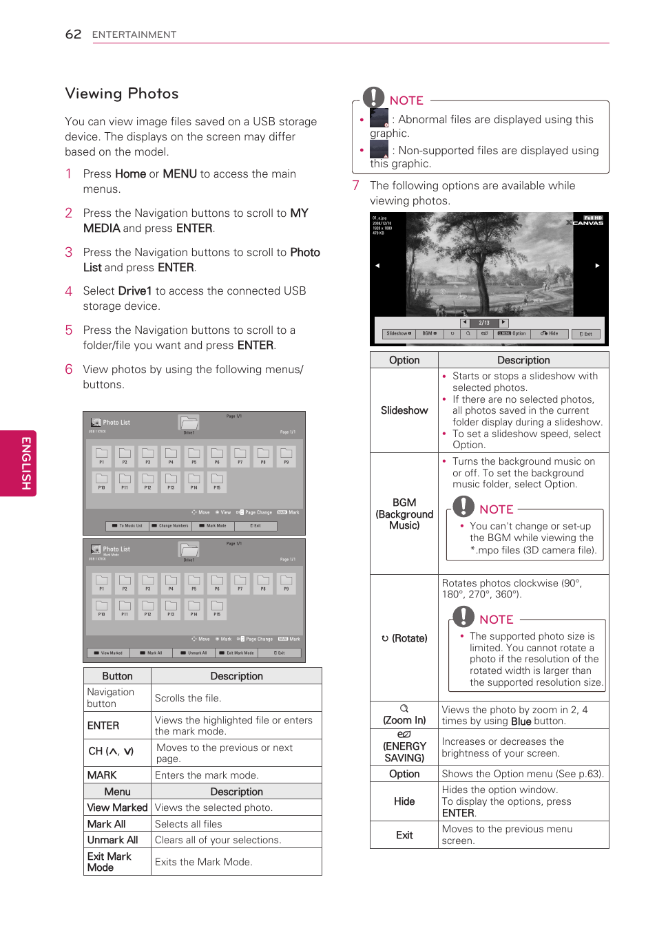 Viewing photos, English, Press home or menu to access the main menus | View photos by using the following menus/ buttons | LG 55LW5300 User Manual | Page 62 / 132