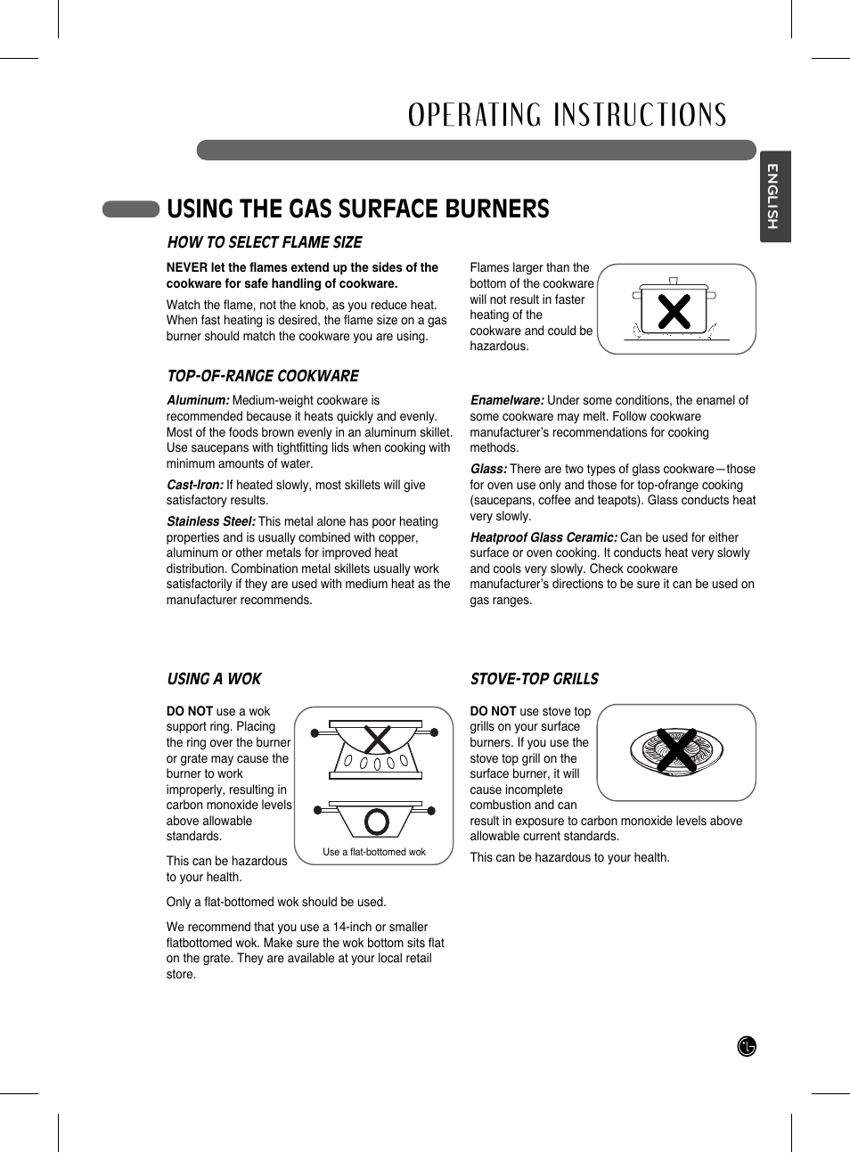 Operating instructions, Using the gas surface burners | LG LRG3093SB User Manual | Page 11 / 76