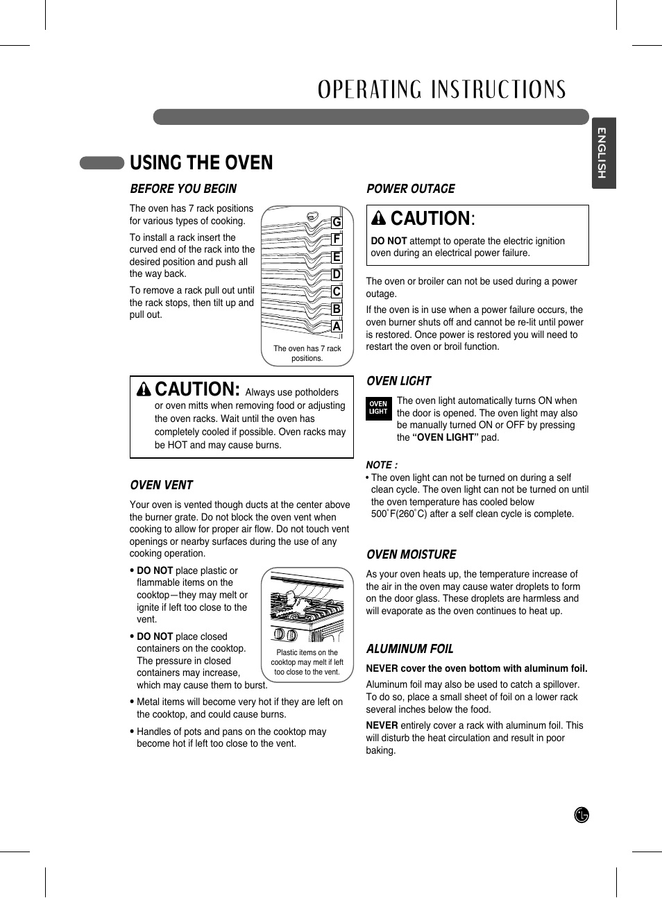 Operating instructions, Using the oven, Caution | LG LRG3093SB User Manual | Page 13 / 76