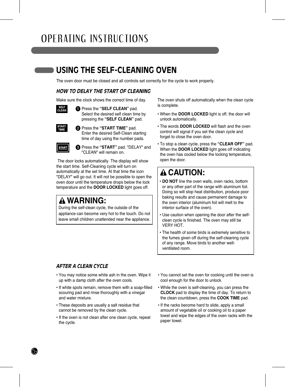 Operating instructions, Using the self-cleaning oven, Warning | Caution | LG LRG3093SB User Manual | Page 24 / 76