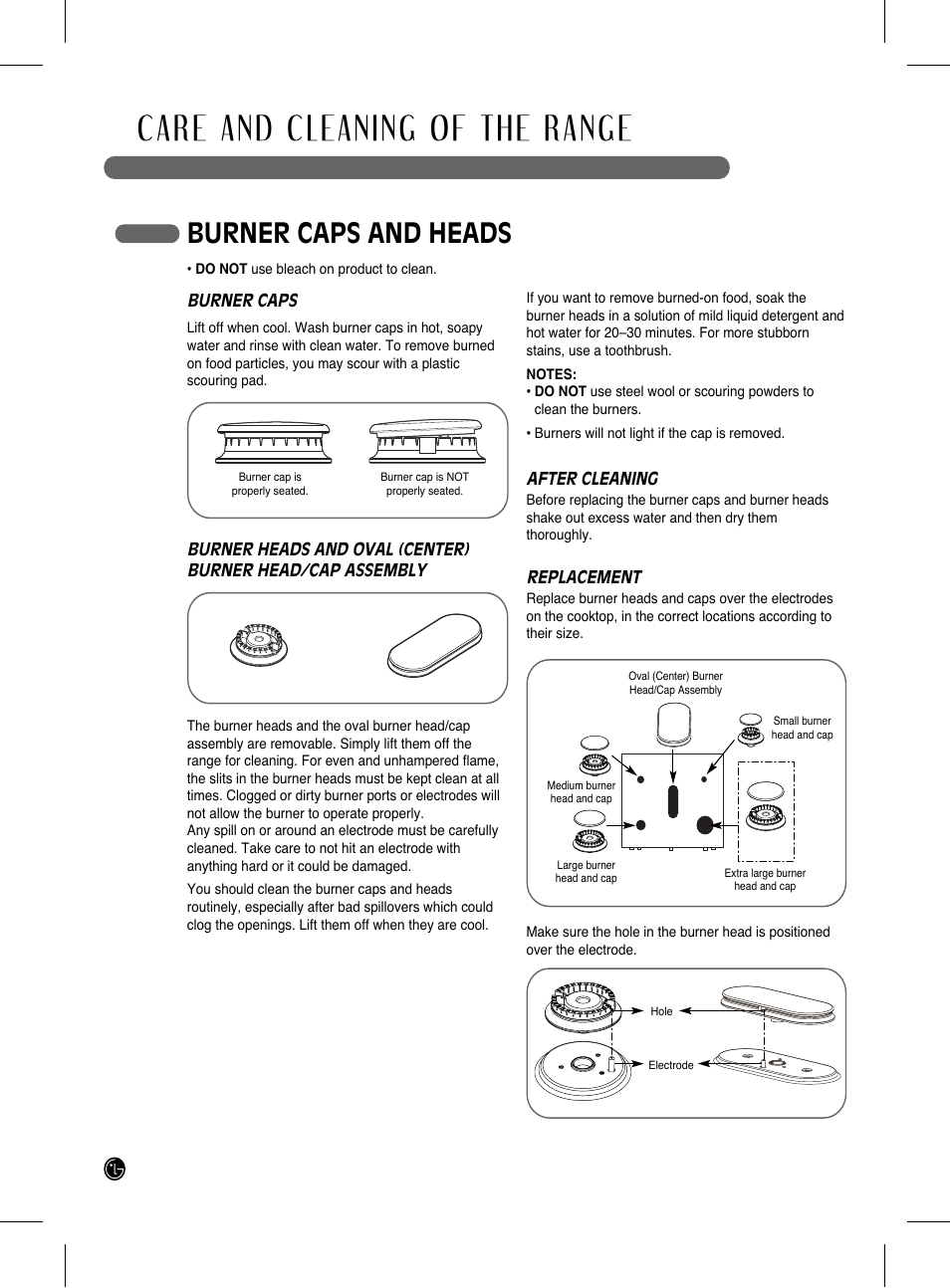 Care and cleaning of the range, Burner caps and heads | LG LRG3093SB User Manual | Page 26 / 76