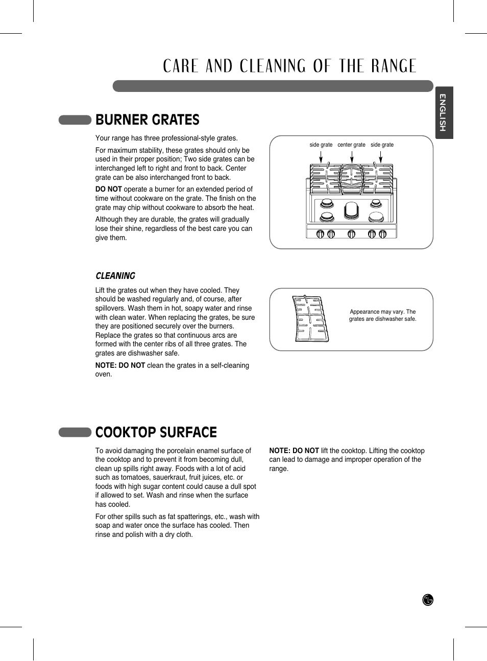 Care and cleaning of the range, Burner grates, Cooktop surface | LG LRG3093SB User Manual | Page 27 / 76