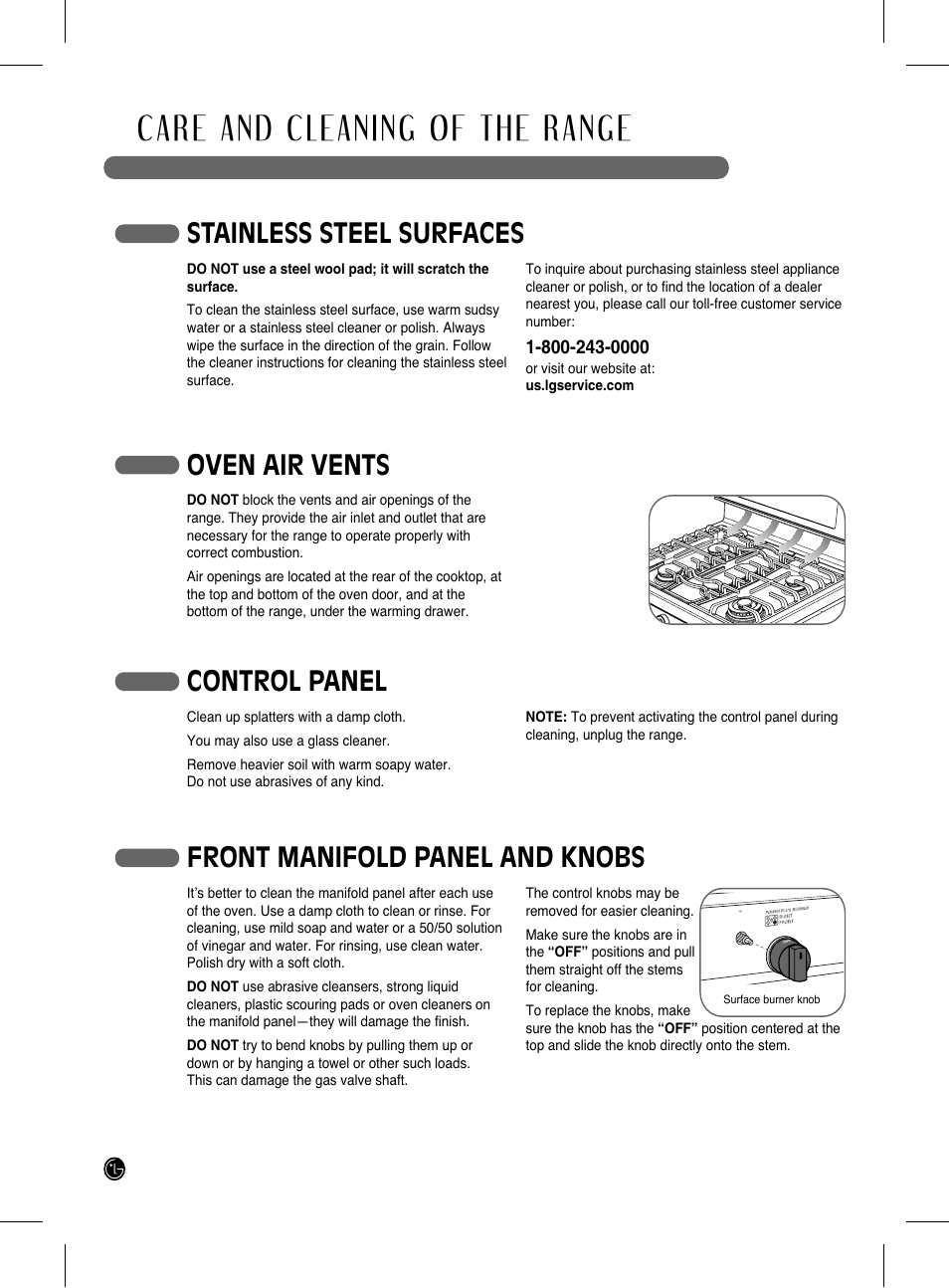 Care and cleaning of the range, Stainless steel surfaces, Oven air vents | Control panel, Front manifold panel and knobs | LG LRG3093SB User Manual | Page 28 / 76