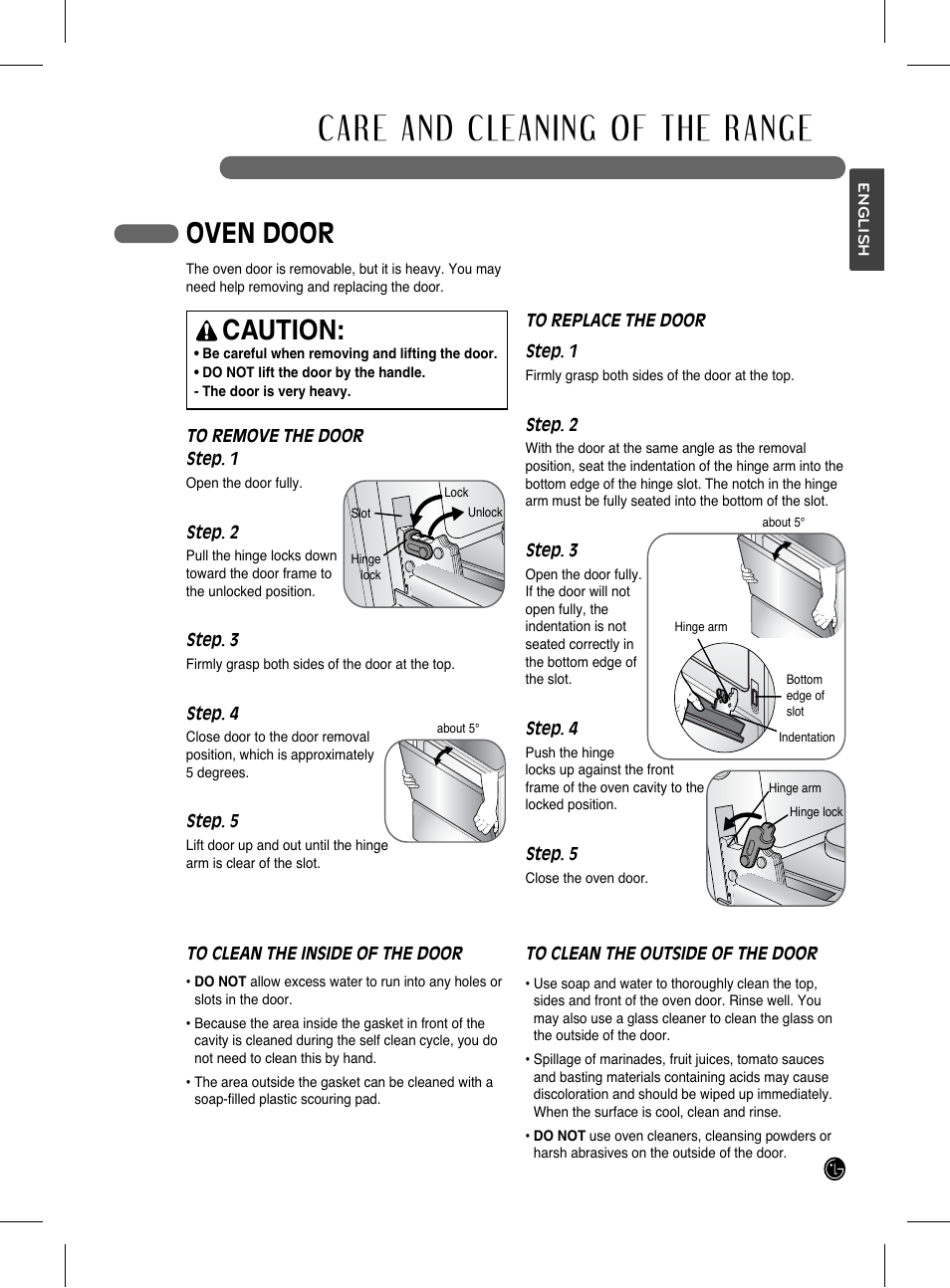 Care and cleaning of the range, Oven door, Caution | LG LRG3093SB User Manual | Page 29 / 76