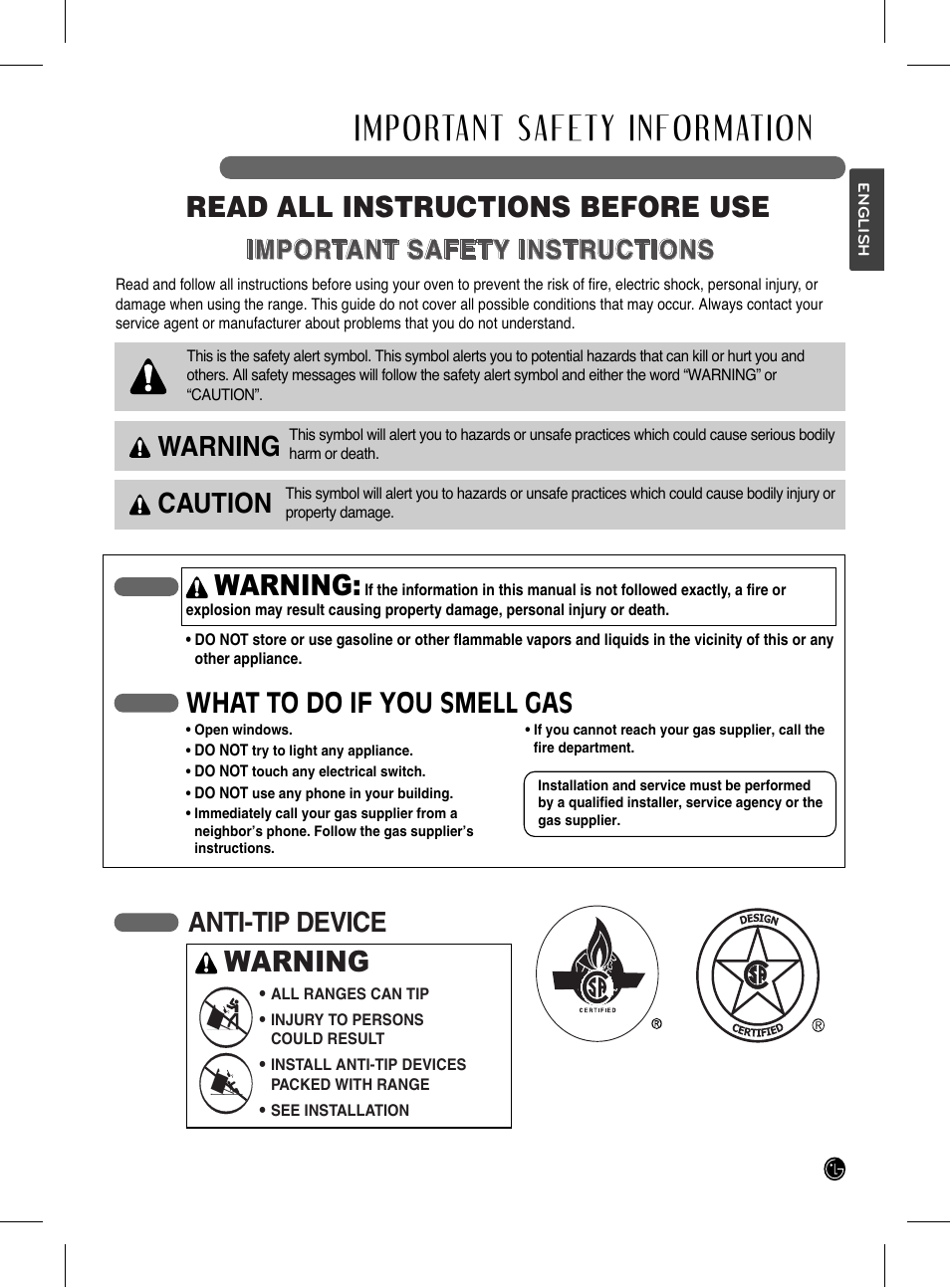 Important safety information, Read all instructions before use warning, Warning | Anti-tip device, Warning caution what to do if you smell gas | LG LRG3093SB User Manual | Page 3 / 76