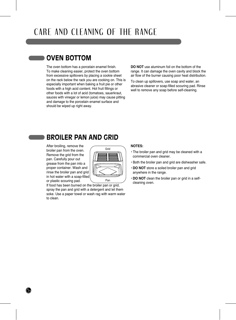 Care and cleaning of the range, Broiler pan and grid oven bottom | LG LRG3093SB User Manual | Page 30 / 76