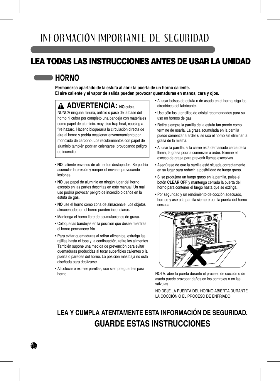 Información importante de seguridad, Guarde estas instrucciones, Horno | Advertencia | LG LRG3093SB User Manual | Page 46 / 76