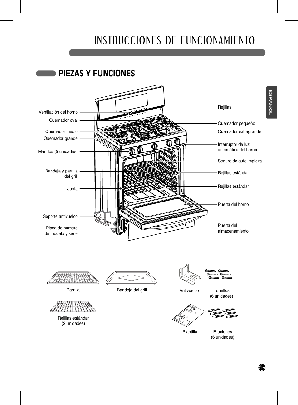 Instrucciones de funcionamiento, Piezas y funciones | LG LRG3093SB User Manual | Page 47 / 76