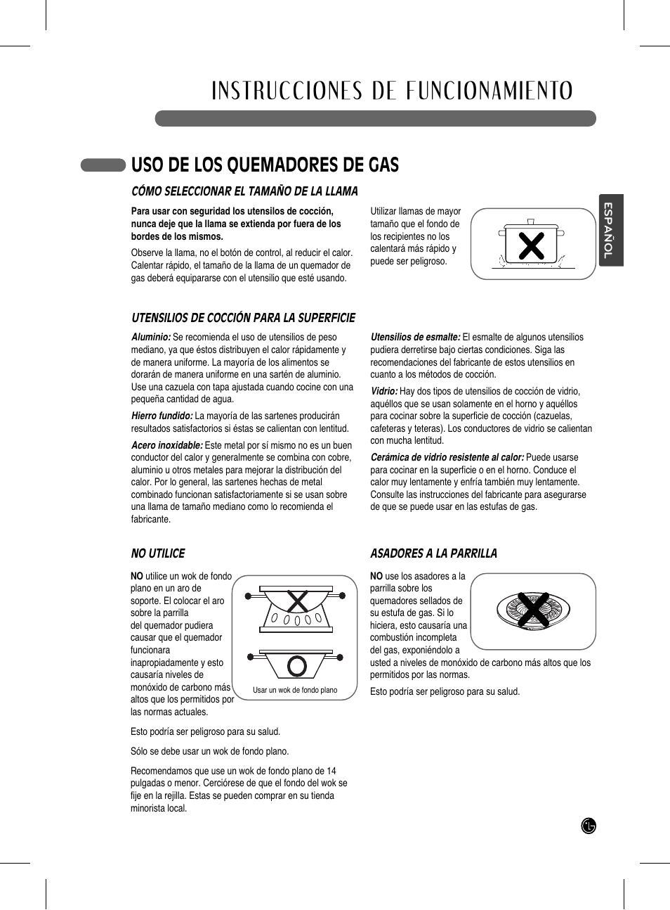 Instrucciones de funcionamiento, Uso de los quemadores de gas | LG LRG3093SB User Manual | Page 49 / 76