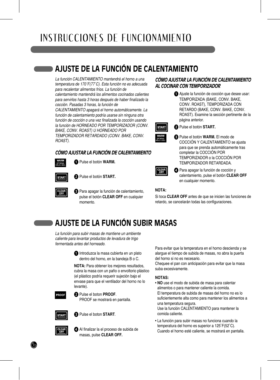 Instrucciones de funcionamiento, Ajuste de la función subir masas, Ajuste de la función de calentamiento | LG LRG3093SB User Manual | Page 58 / 76