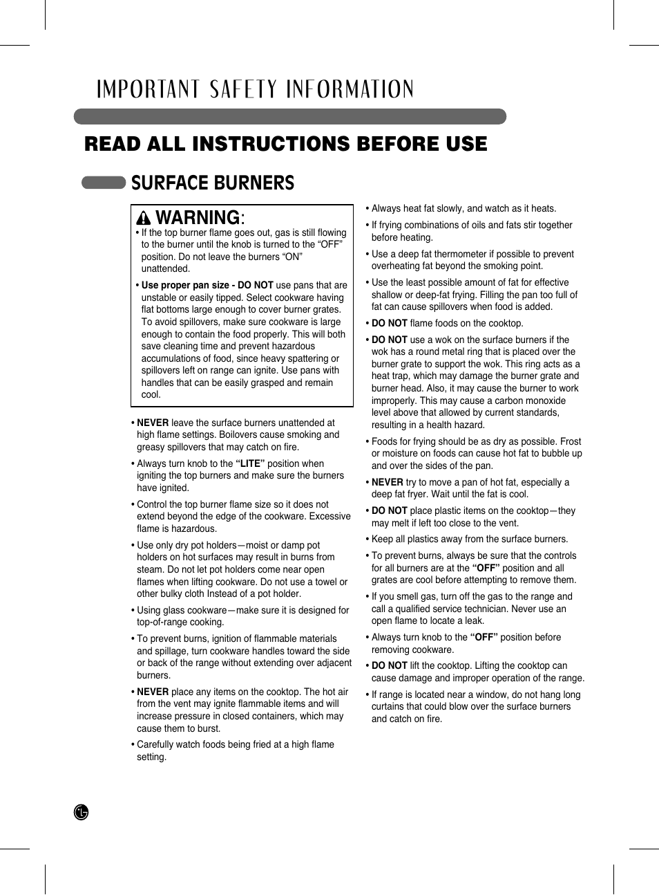 Important safety information, Read all instructions before use, Surface burners | Warning | LG LRG3093SB User Manual | Page 6 / 76