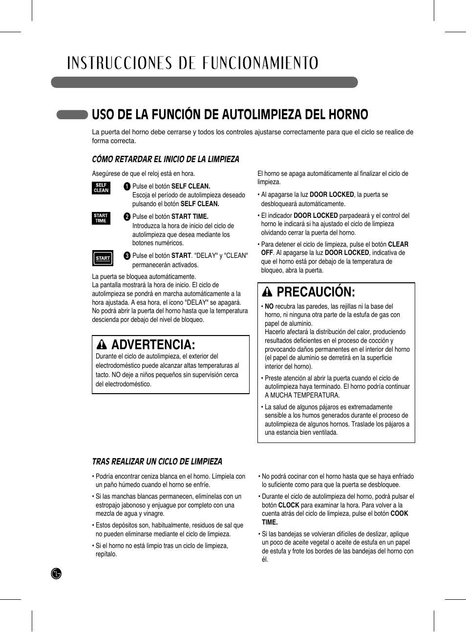 Instrucciones de funcionamiento, Uso de la función de autolimpieza del horno, Advertencia | Precaución | LG LRG3093SB User Manual | Page 62 / 76