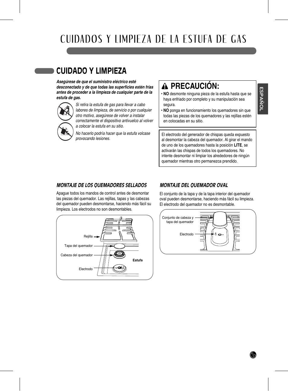 Cuidados y limpieza de la estufa de gas, Cuidado y limpieza, Precaución | LG LRG3093SB User Manual | Page 63 / 76