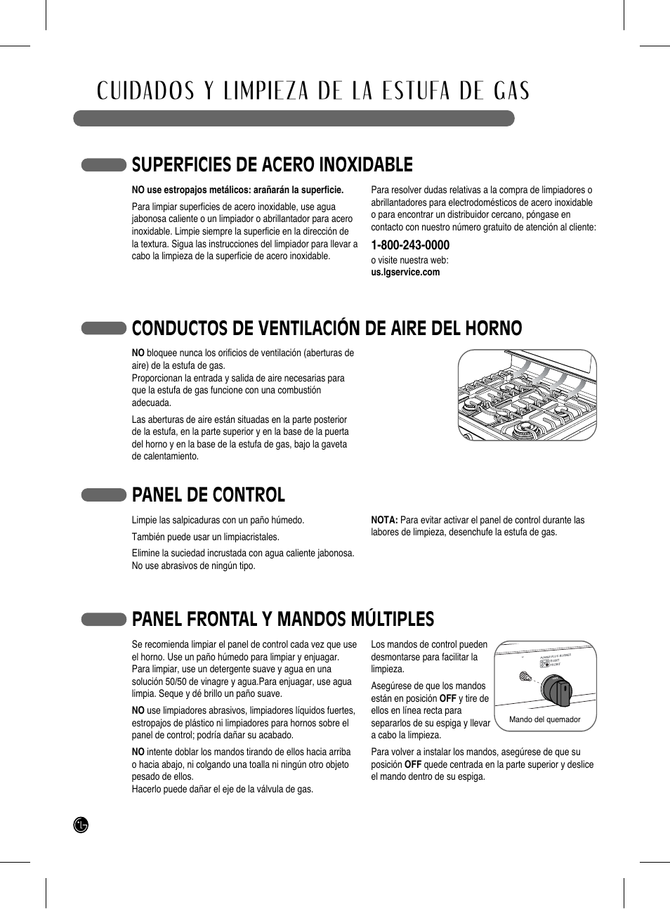 Cuidados y limpieza de la estufa de gas, Superficies de acero inoxidable, Conductos de ventilación de aire del horno | Panel de control, Panel frontal y mandos múltiples | LG LRG3093SB User Manual | Page 66 / 76