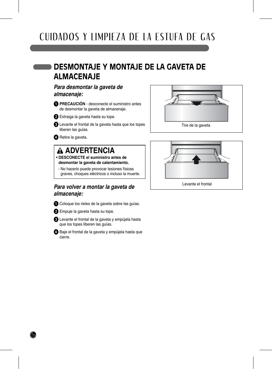 Cuidados y limpieza de la estufa de gas, Desmontaje y montaje de la gaveta de almacenaje, Advertencia | LG LRG3093SB User Manual | Page 70 / 76