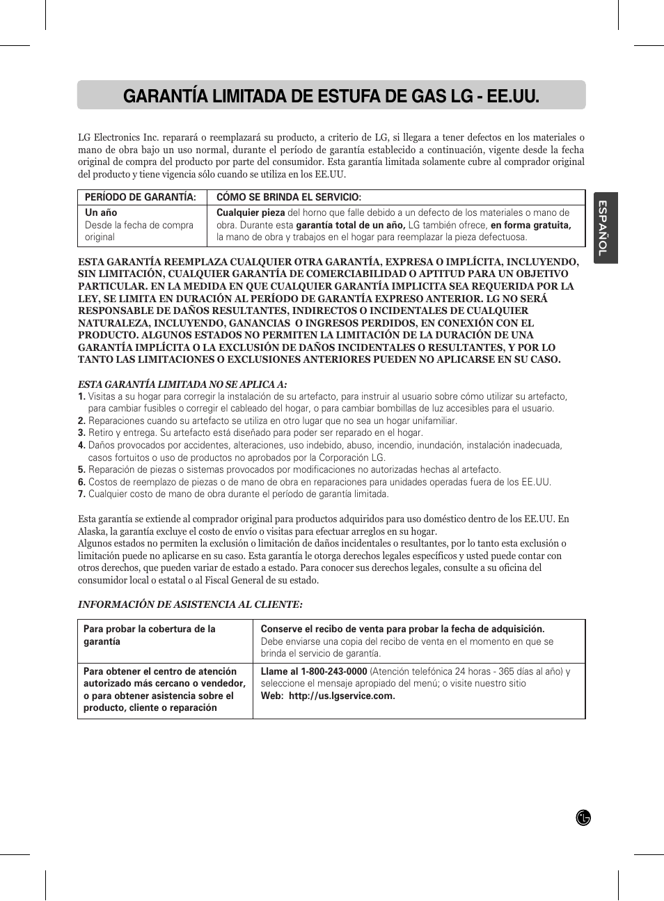 Garantía limitada de estufa de gas lg - ee.uu | LG LRG3093SB User Manual | Page 75 / 76