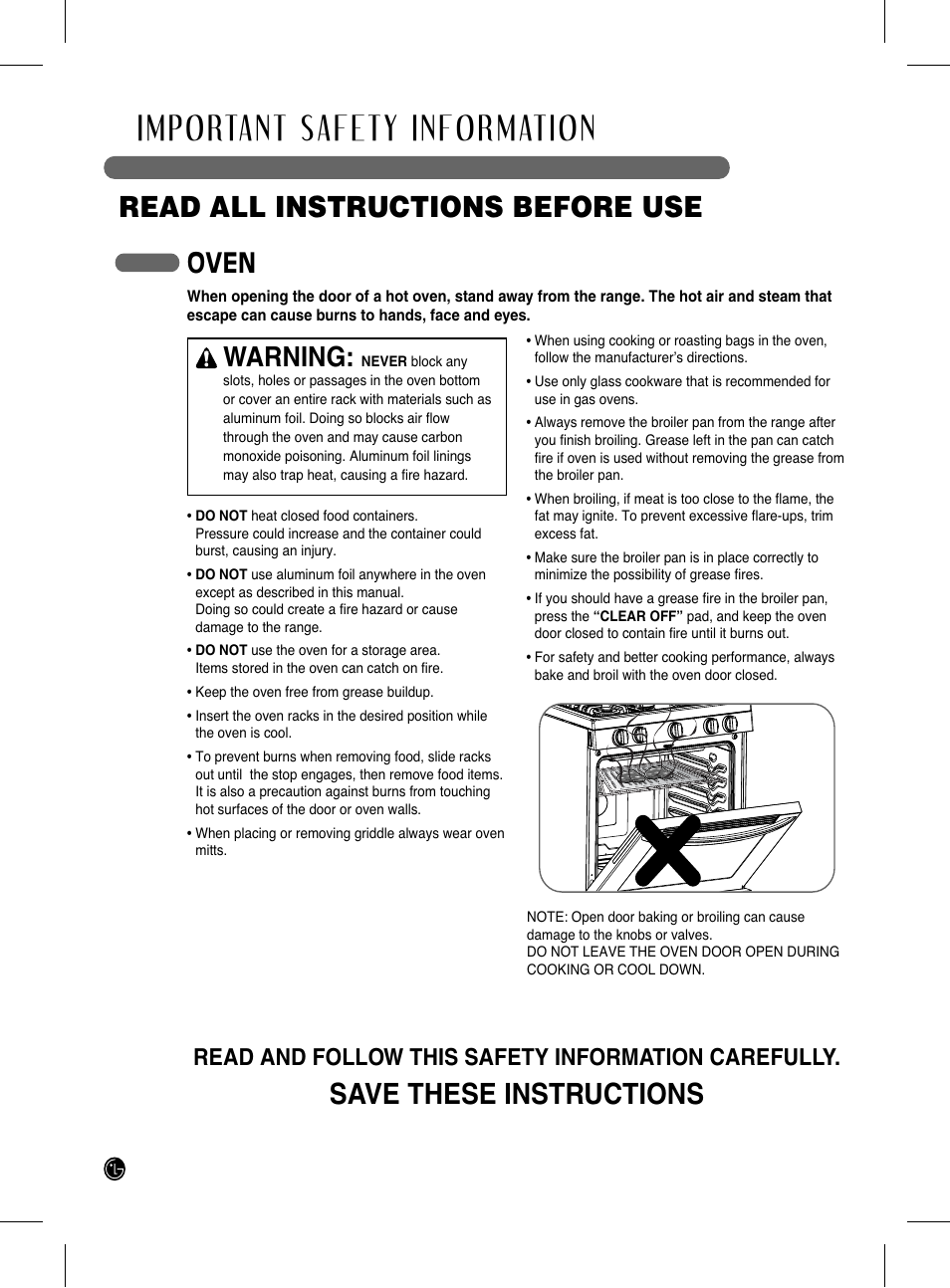 Important safety information, Read all instructions before use, Save these instructions | Oven, Warning, Read and follow this safety information carefully | LG LRG3093SB User Manual | Page 8 / 76